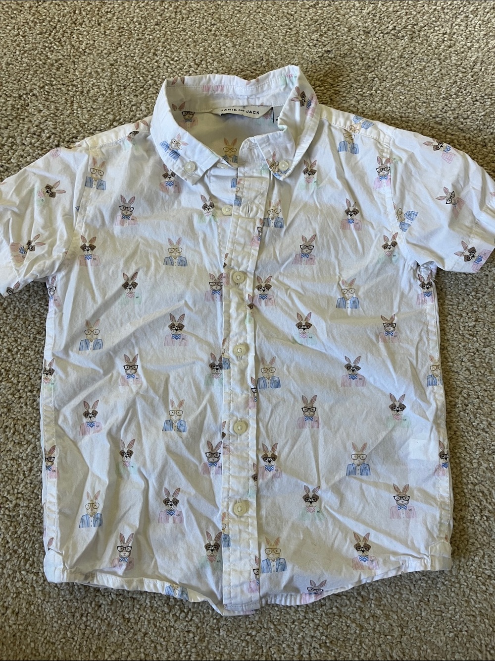 Janie and Jack White Short-Sleeve Button-Down Shirt with Bunny Print